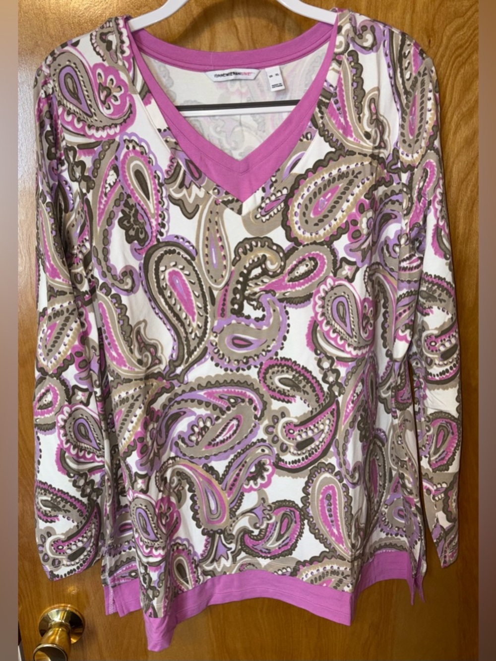 Isaac Mizrahi LIVE! purple/taupe paisley print cotton blend long sleeve top XL
